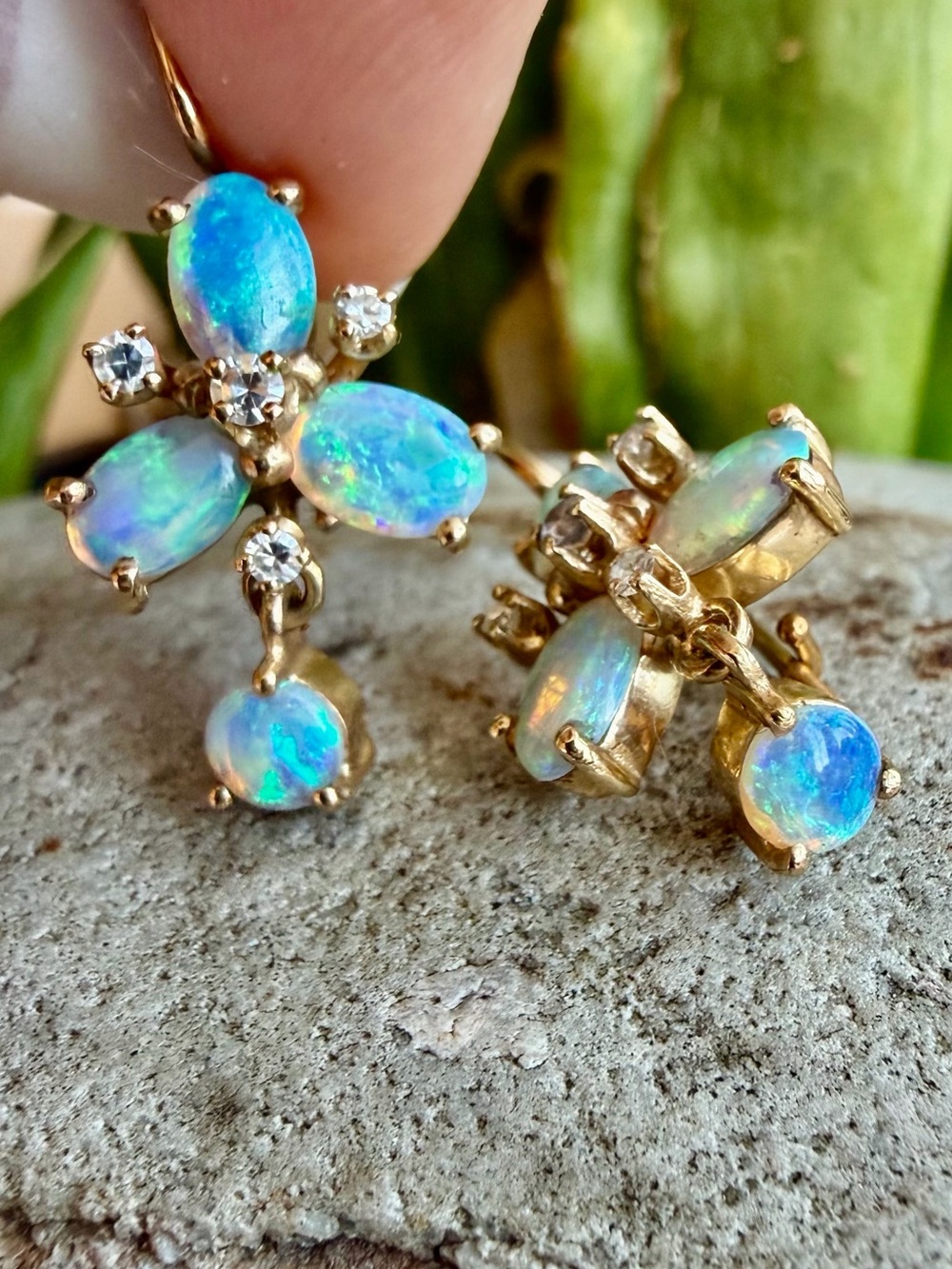 14 karat gold, diamond, and opal earrings